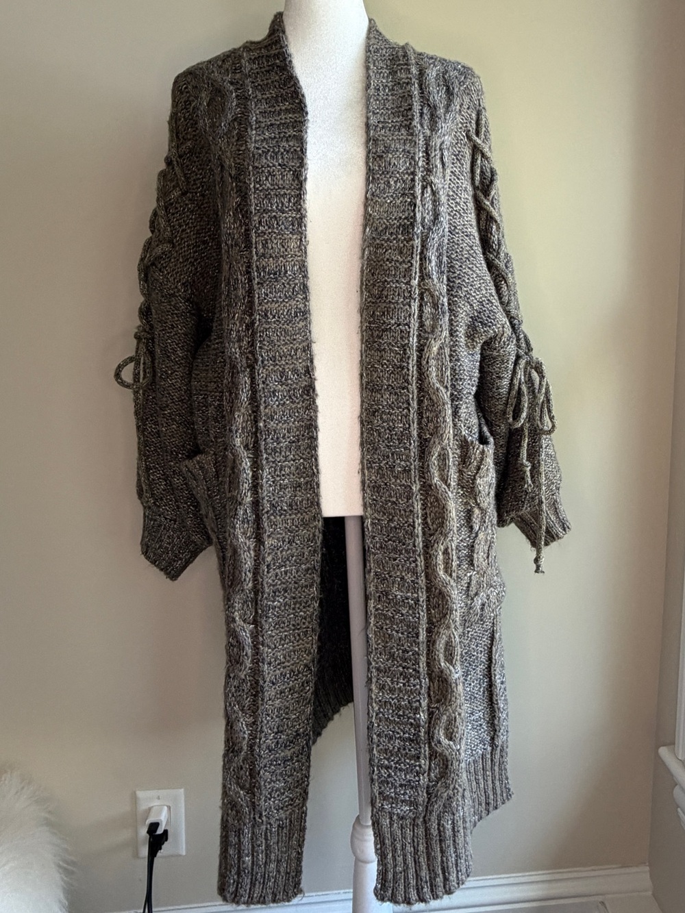 Jenn & Co One Size Cozy Cable-Knit Open Front Cardigan Sweater - Brownish-Gray
